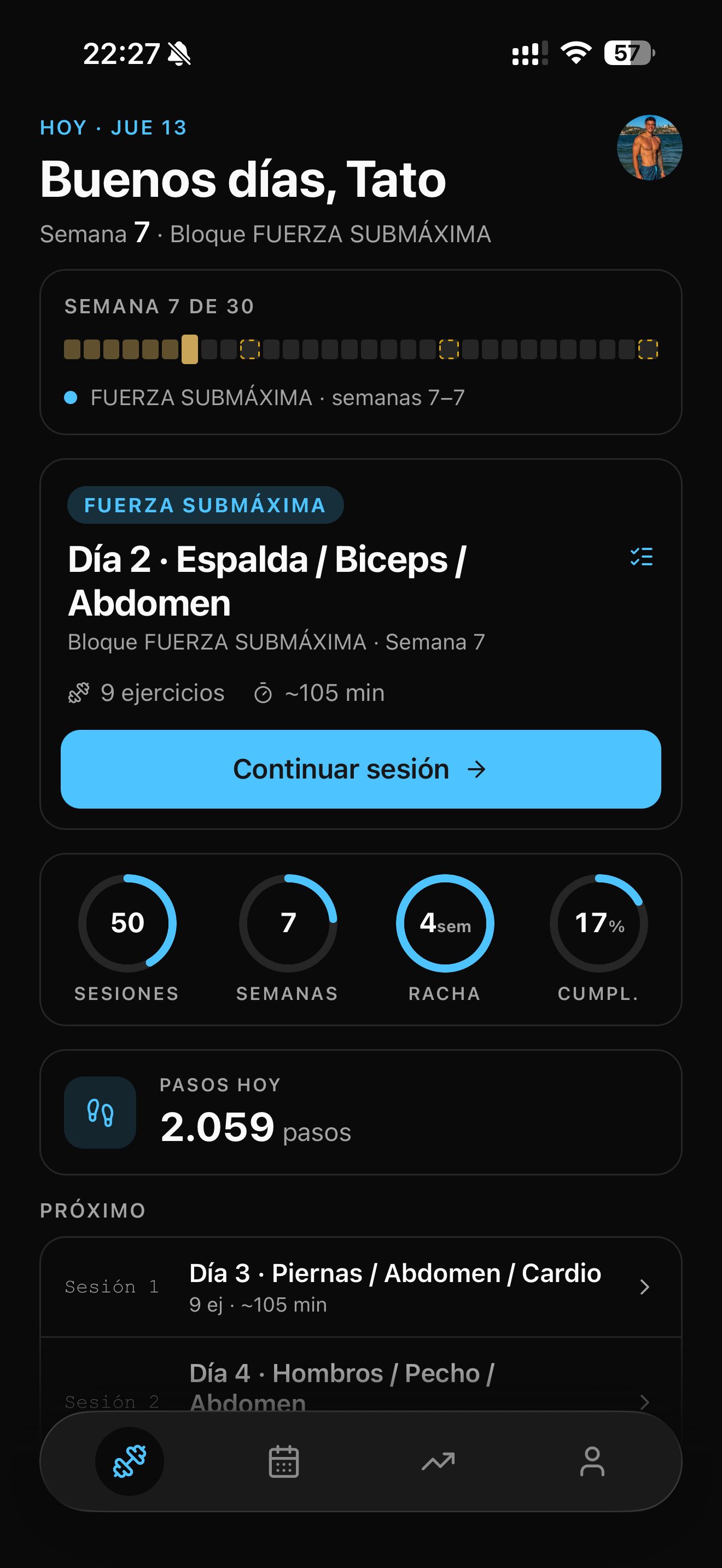 Pantalla de inicio de TR Fit: semana 7 de 30, bloque fuerza submaxima
