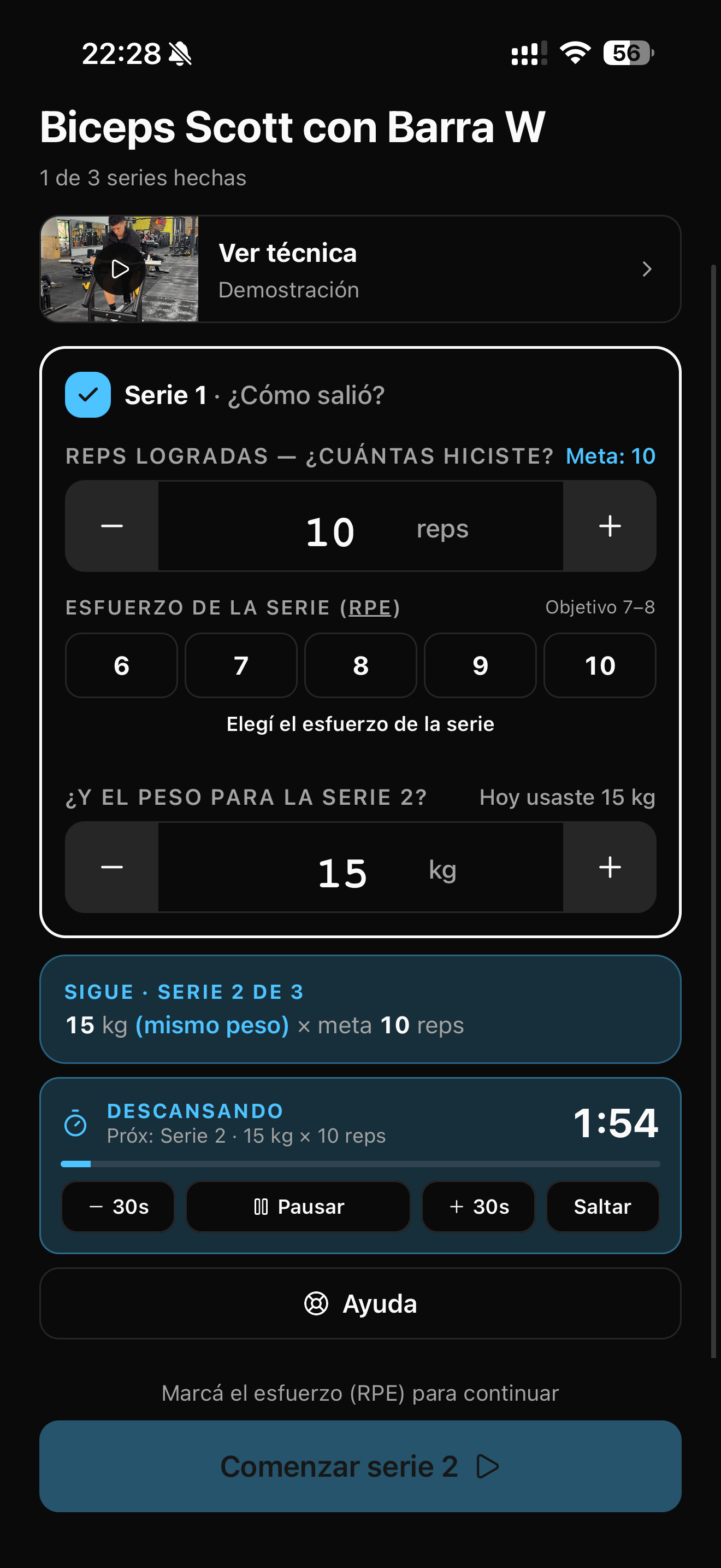 Registro del esfuerzo de la serie y peso sugerido para la siguiente